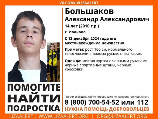В Ивановской области пропал 14-летний Александр Большаков